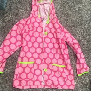 Pink Polka Dot Raincoat with Green Accents